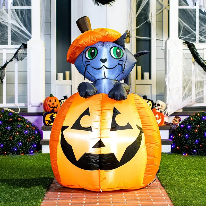 5FT LED Cat on Pumpkin Halloween Inflatable Outdoor Decoration