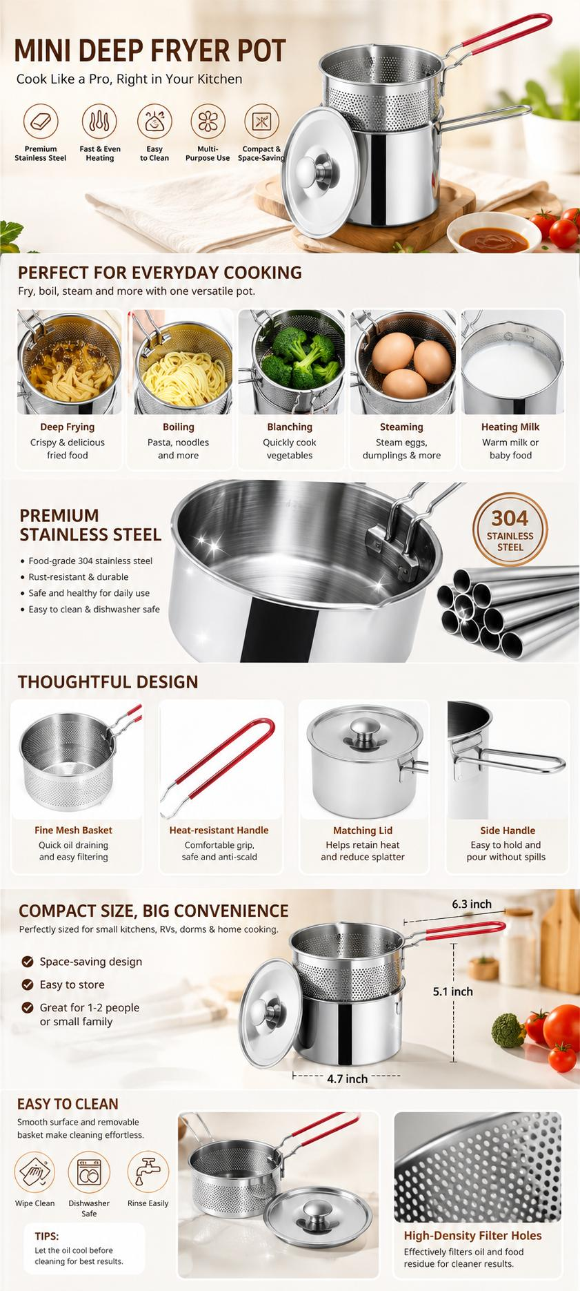 Stainless Steel Mini Deep Fryer Pot Set with Strainer Basket & Tongs, Small Frying Pot for French Fries, Chicken Wings, Tempura and Home Kitchen image 6