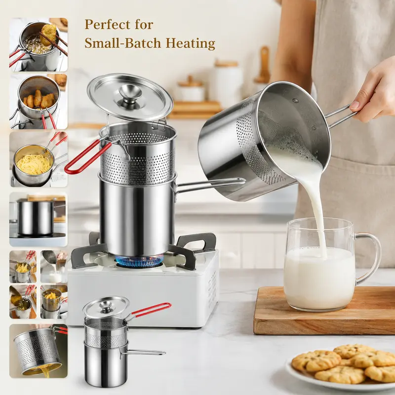 Stainless Steel Mini Deep Fryer Pot Set with Strainer Basket & Tongs, Small Frying Pot for French Fries, Chicken Wings, Tempura and Home Kitchen