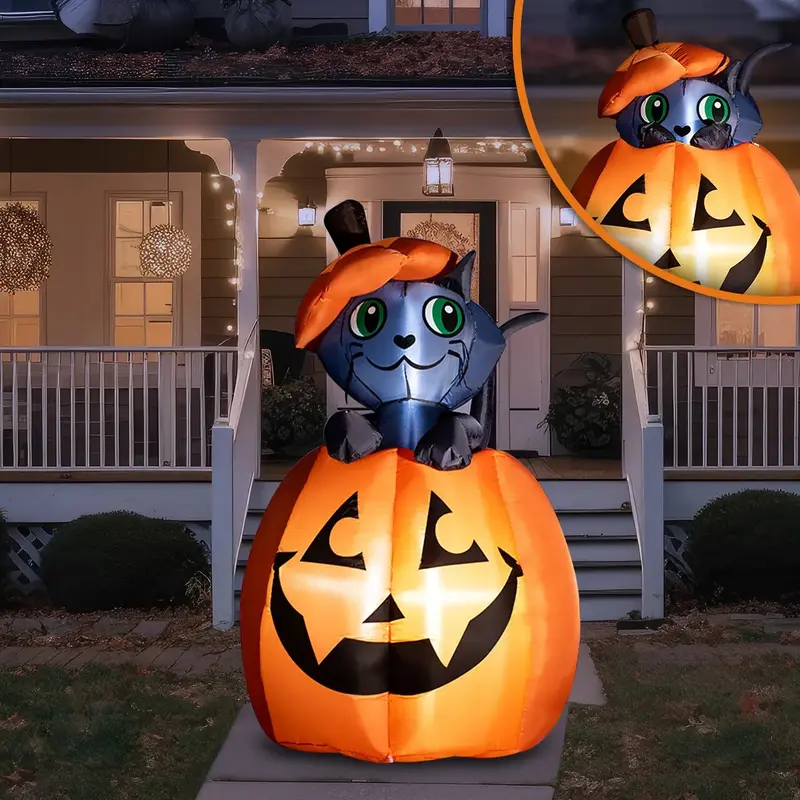 5FT LED Cat on Pumpkin Halloween Inflatable Outdoor Decoration image 2
