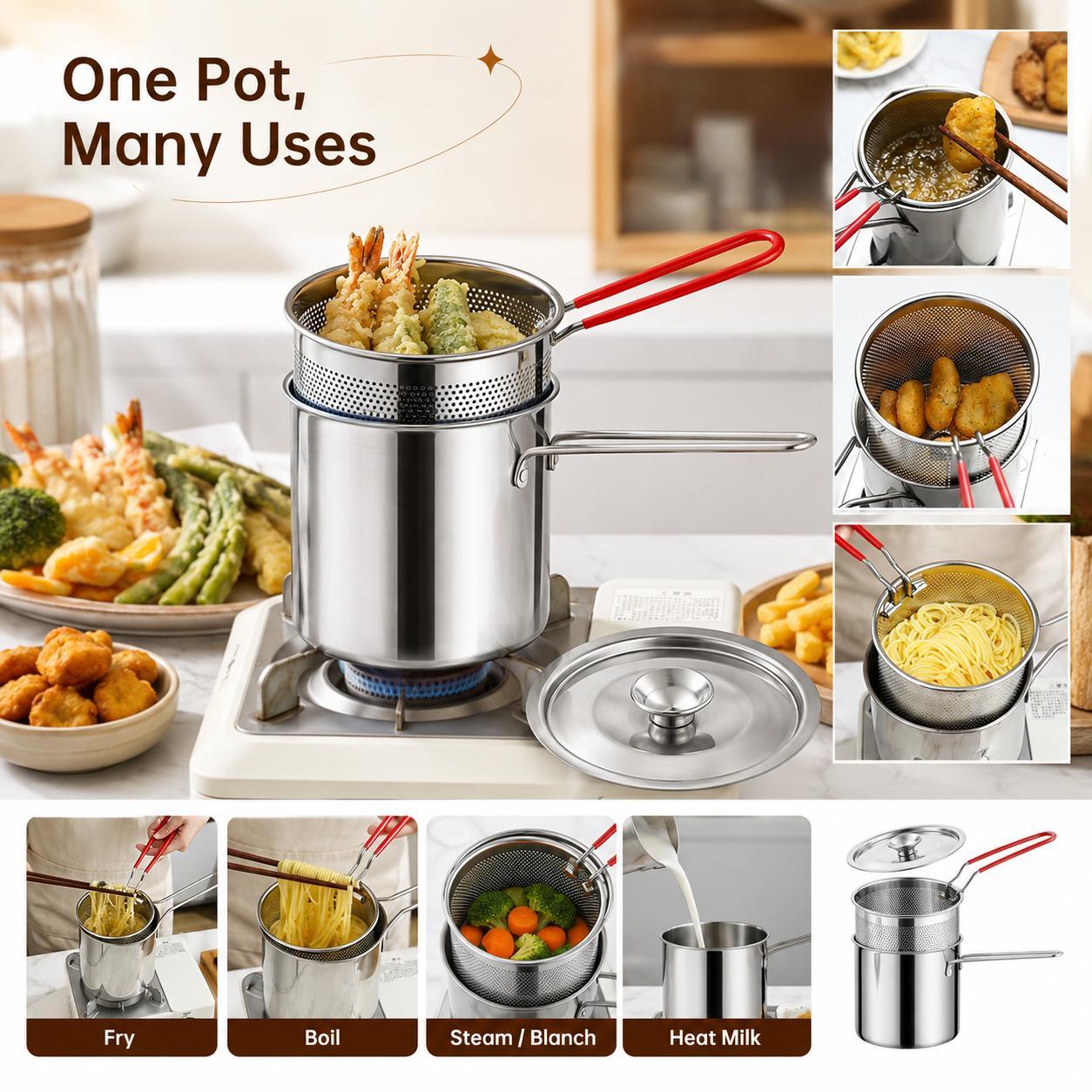 Stainless Steel Mini Deep Fryer Pot Set with Strainer Basket & Tongs, Small Frying Pot for French Fries, Chicken Wings, Tempura and Home Kitchen image 7