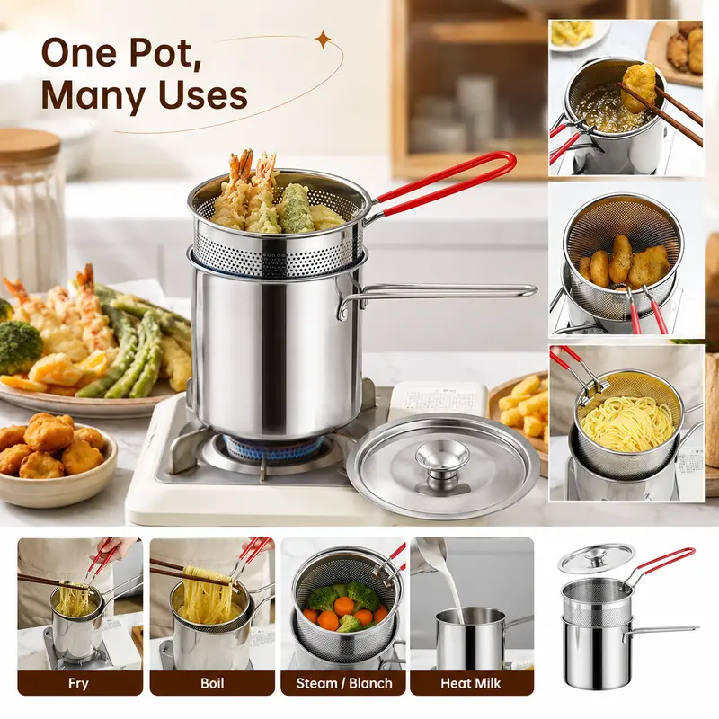 Stainless Steel Mini Deep Fryer Pot Set with Strainer Basket & Tongs, Small Frying Pot for French Fries, Chicken Wings, Tempura and Home Kitchen image 2