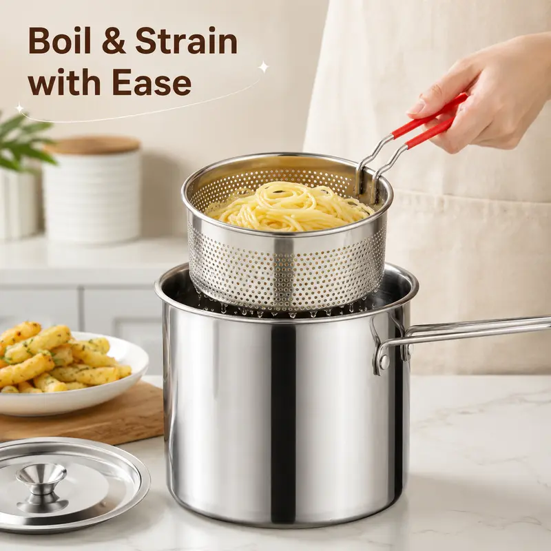 Stainless Steel Mini Deep Fryer Pot Set with Strainer Basket & Tongs, Small Frying Pot for French Fries, Chicken Wings, Tempura and Home Kitchen image 3