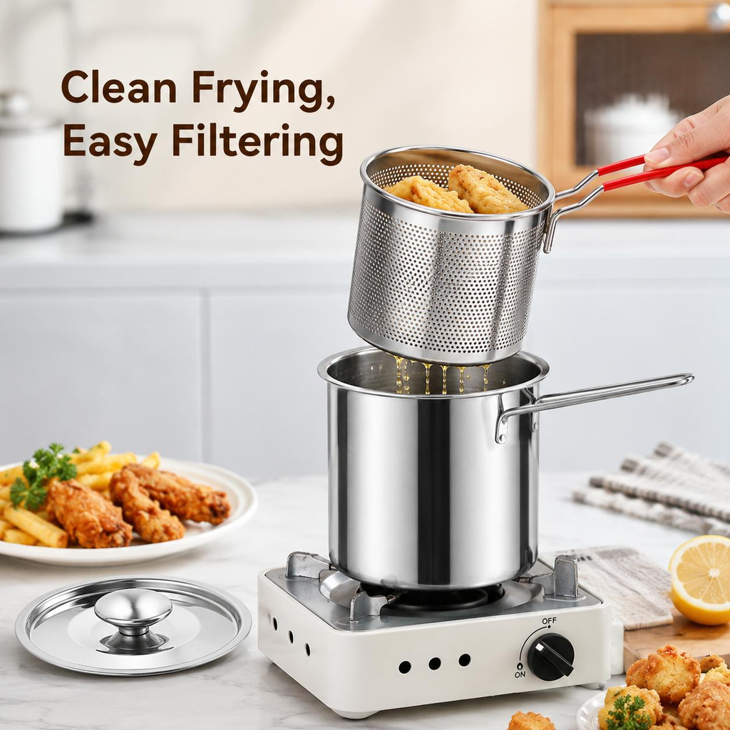 Stainless Steel Mini Deep Fryer Pot Set with Strainer Basket & Tongs, Small Frying Pot for French Fries, Chicken Wings, Tempura and Home Kitchen image 8