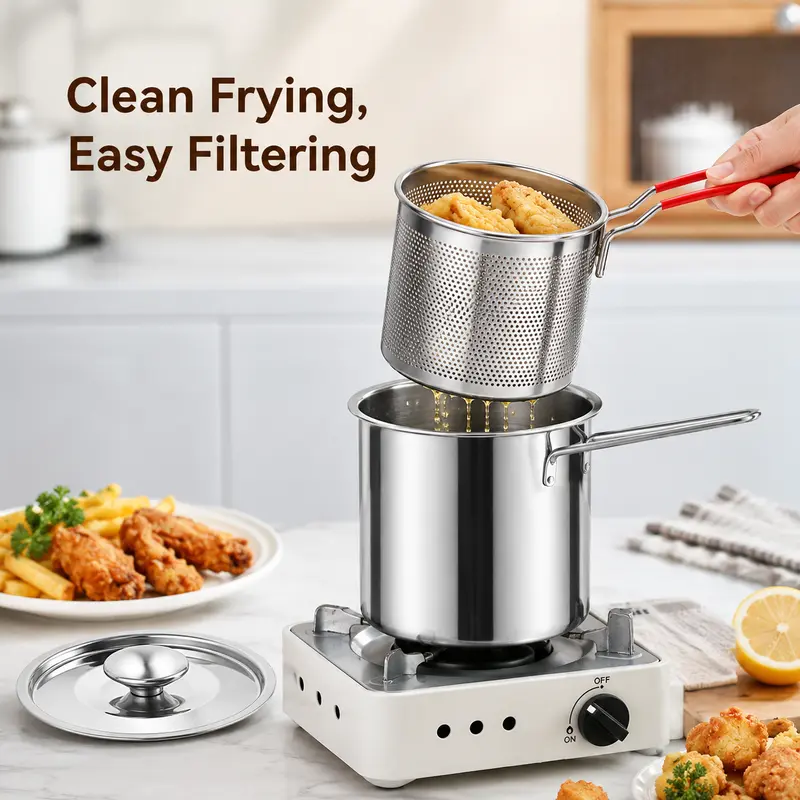Stainless Steel Mini Deep Fryer Pot Set with Strainer Basket & Tongs, Small Frying Pot for French Fries, Chicken Wings, Tempura and Home Kitchen image 4