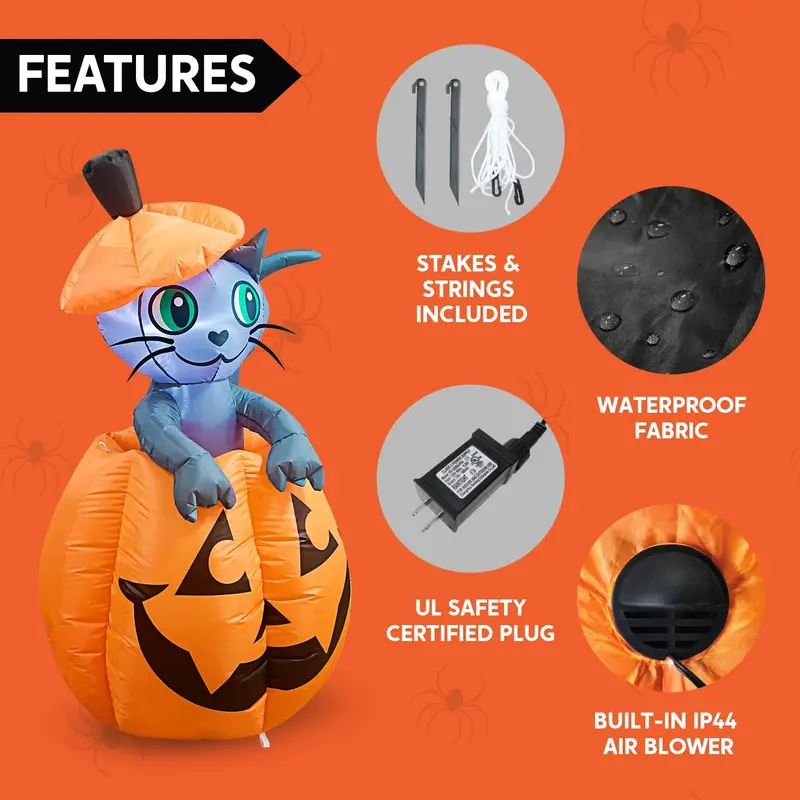 5FT LED Cat on Pumpkin Halloween Inflatable Outdoor Decoration image 4