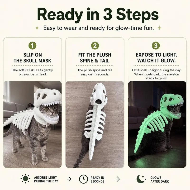 Glow-in-the-Dark Dinosaur Skeleton Plush Costume for Cats & Dogs image 4