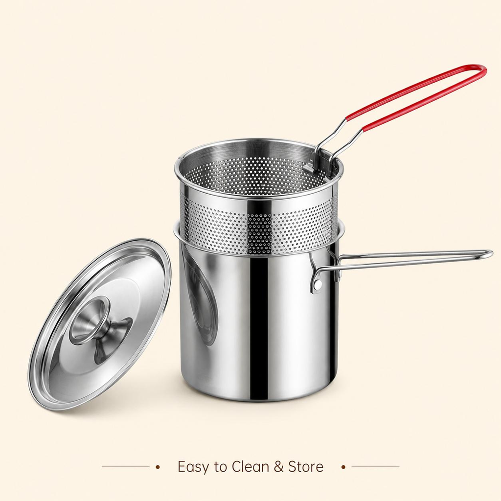Stainless Steel Mini Deep Fryer Pot Set with Strainer Basket & Tongs, Small Frying Pot for French Fries, Chicken Wings, Tempura and Home Kitchen image 10