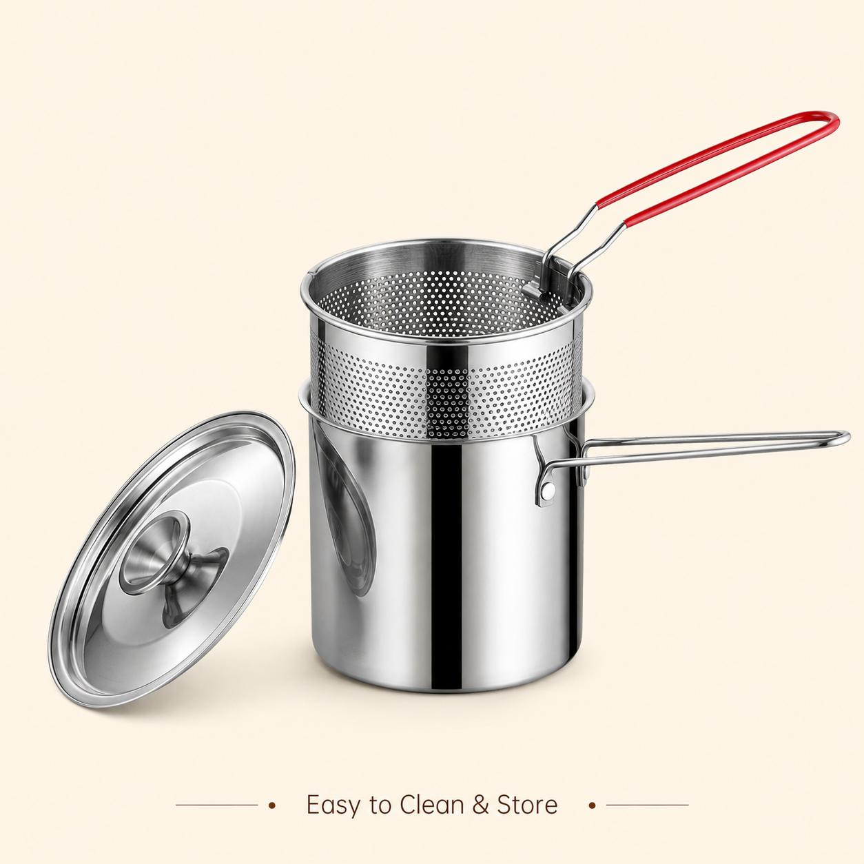 Stainless Steel Mini Deep Fryer Pot Set with Strainer Basket & Tongs, Small Frying Pot for French Fries, Chicken Wings, Tempura and Home Kitchen image 10