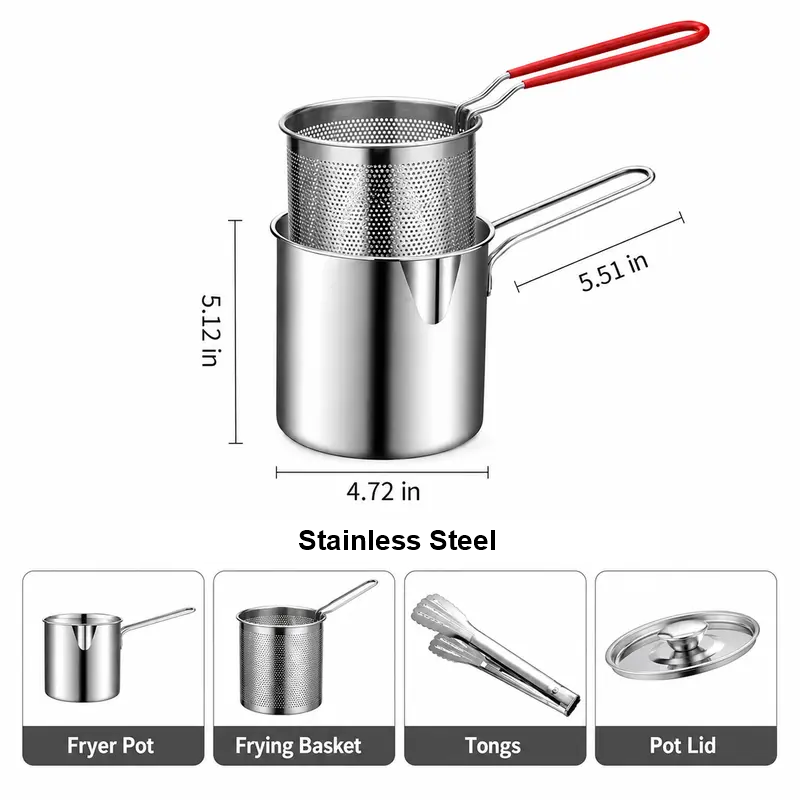 Stainless Steel Mini Deep Fryer Pot Set with Strainer Basket & Tongs, Small Frying Pot for French Fries, Chicken Wings, Tempura and Home Kitchen image 5