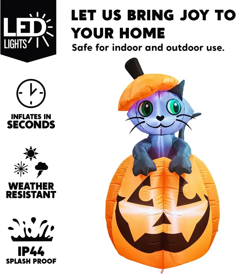 5FT LED Cat on Pumpkin Halloween Inflatable Outdoor Decoration image 6