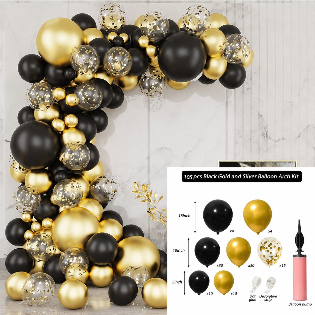 Black & Gold Birthday Balloon Arch Kit