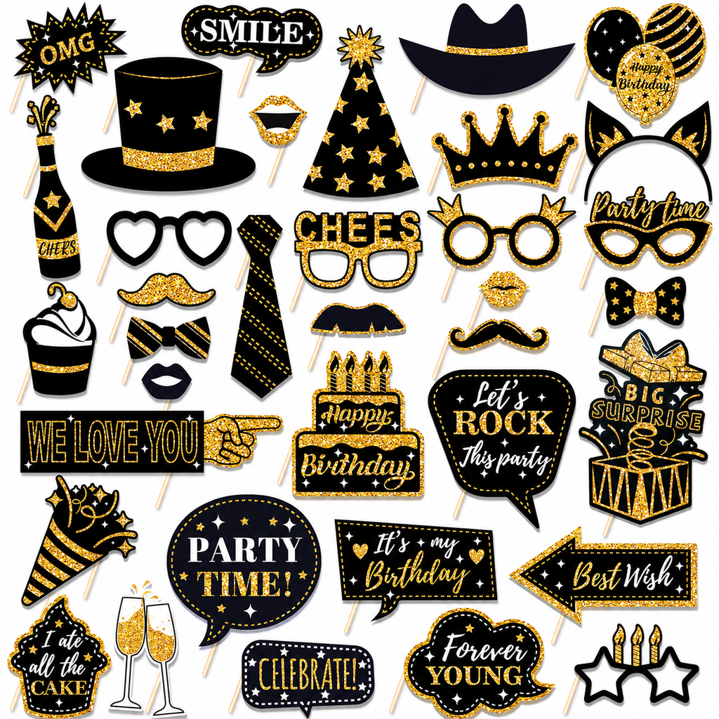 Black & Gold Birthday Photo Booth Props Kit