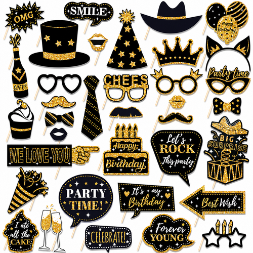 Black & Gold Birthday Photo Booth Props Kit