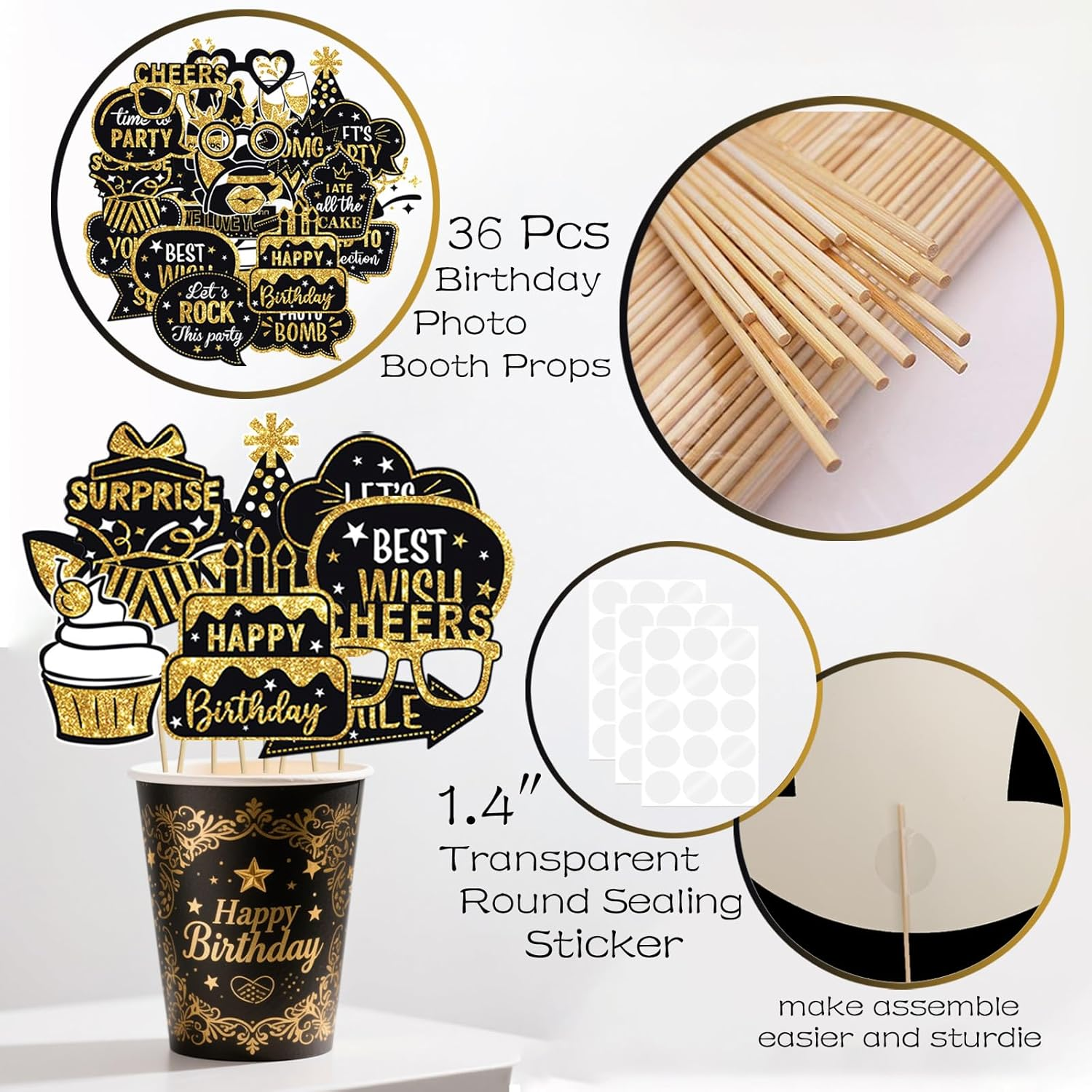 Black & Gold Birthday Photo Booth Props Kit image 4