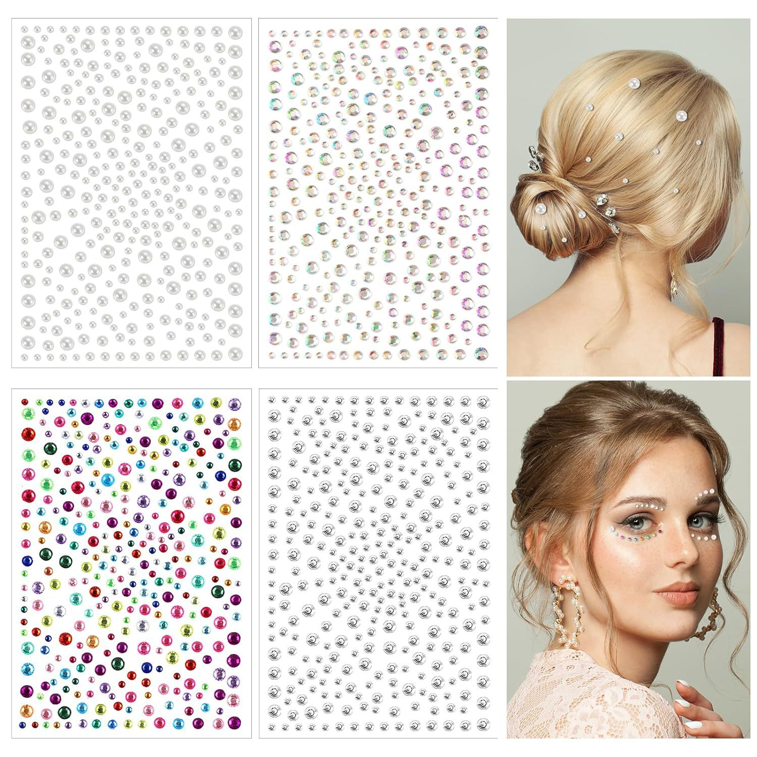 4 Sheets Face Gems & Rhinestone Stickers Set